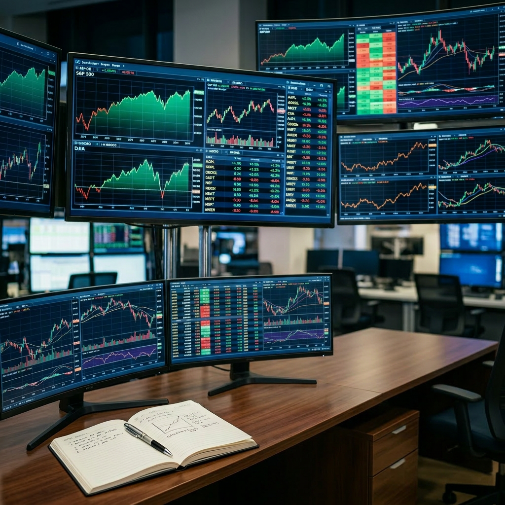 Woman holding microphone presenting stock market charts on trading floor